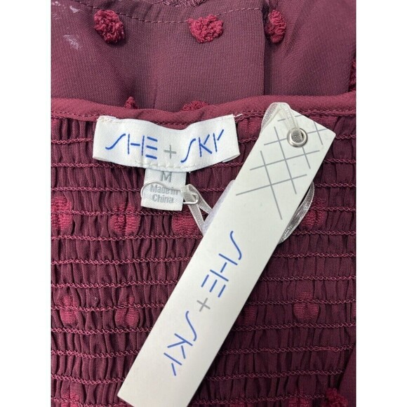 She + Sky Boho Blouse Womens Medium Burgundy Puff Sleeve Ruched Swiss Dot* Flaw - Picture 12 of 14